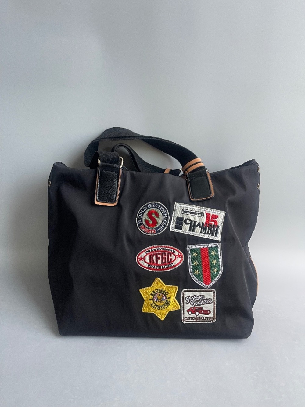 Black Nylon Patchwork Tote Shoulder Bag